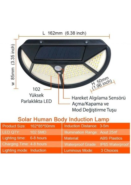 Solar Güneş Enerjili 102 Ledli 3 Modlu Hareket Sensörlü Oval Bahçe Lambası