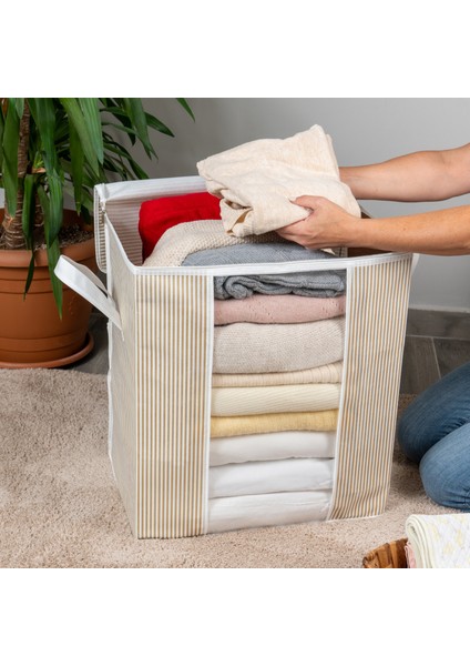 4 Adet Pencereli Çizgi Desen Baskılı Yastık Pike Battaniye Düzenleyici Hurç Seti 45x30x50 cm fiyatları