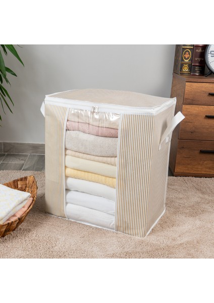 Pencereli Çizgi Desen Baskılı Yastık Pike Battaniye Düzenleyici Hurç 45x30x50 cm