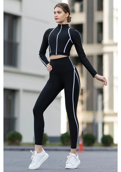 Lismina Yanları Şeritli Dar Kesim Siyah Yoga ve Pilates Taytı, Sporcu Taytları, Günlük Kullanıma Uygun, Ekst