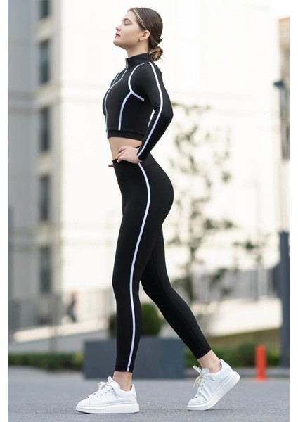Lismina Yanları Şeritli Dar Kesim Siyah Yoga ve Pilates Taytı, Sporcu Taytları, Günlük Kullanıma Uygun, Ekst fırsatları