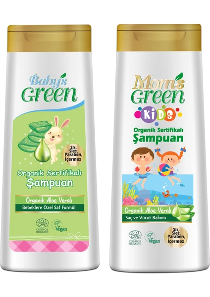 Baby's Green 2'li Mom's Green Kıds Organik Aloeveralı Çocuk Şampuanı ve Organik Bebek Şampuanı Seti 400ML x2