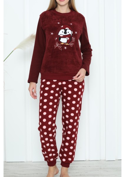 Kadın Peluş Pijama Takimi Welsoft Bordo