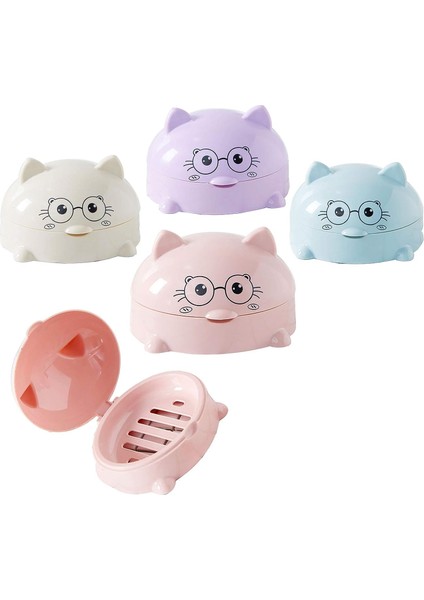 Sabunluk Seti 4'Lü Plastik Sabunluk Sabunluk, Damlama Tepsisi Ve Sızdırmaz Çevirme Kapaklı Sevimli Kedi Tasarım Taşınabilir Seyahat Sabunluk (Yurt Dışından)