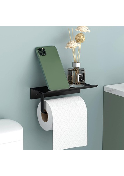 Newaner Tuvalet Kağıtlığı Alüminyum Duvara Montaj (Delikli/Deliksiz) Geniş Raflı Ruloluk (Siyah) (Yurt Dışından)