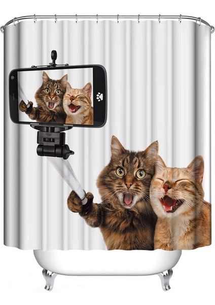 %100 Polyester Su Geçirmez Küflenmez Kumaş Duş Perdesi, 12 Kanca Halkalı Banyo Perdesi, Kahverengi Beyaz Kedi Desenli 180x180cm (Yurt Dışından)