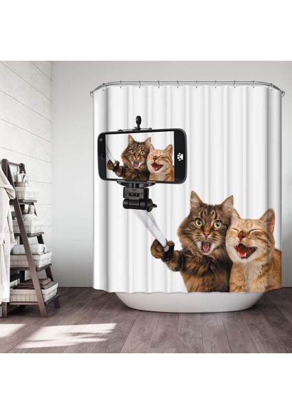 %100 Polyester Su Geçirmez Küflenmez Kumaş Duş Perdesi, 12 Kanca Halkalı Banyo Perdesi, Kahverengi Beyaz Kedi Desenli 180x180cm (Yurt Dışından) fiyatları