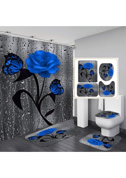 Çiçekli Duş Perdesi Seti, Kaymaz Mat, Klozet Kapağı Ve Banyo Paspası, 12 Kancalı Yağmur Damlası Duş Perdesi (Yurt Dışından)