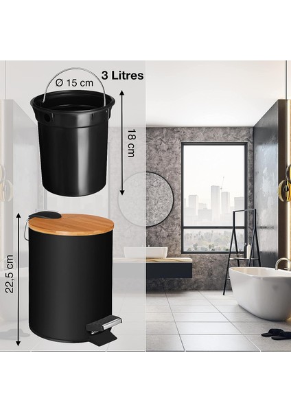 3l Banyo Çöp Kovası | Yavaş Kapanan Pedallı Çöp Kovası | Bambu Ahşap Kapaklı Zarif Tasarımlı Kozmetik Kutusu | Siyah (Yurt Dışından)