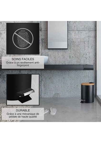 3l Banyo Çöp Kovası | Yavaş Kapanan Pedallı Çöp Kovası | Bambu Ahşap Kapaklı Zarif Tasarımlı Kozmetik Kutusu | Siyah (Yurt Dışından)