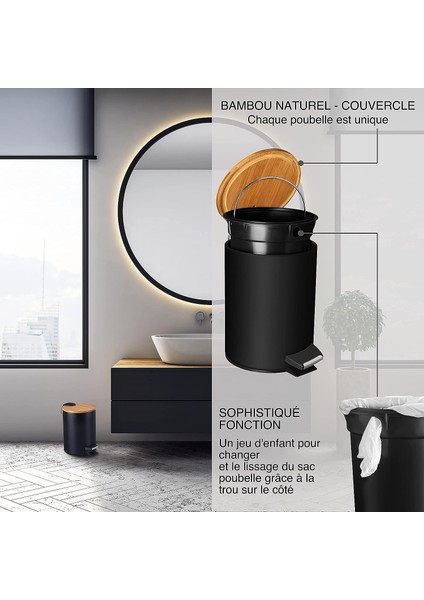 3l Banyo Çöp Kovası | Yavaş Kapanan Pedallı Çöp Kovası | Bambu Ahşap Kapaklı Zarif Tasarımlı Kozmetik Kutusu | Siyah (Yurt Dışından)