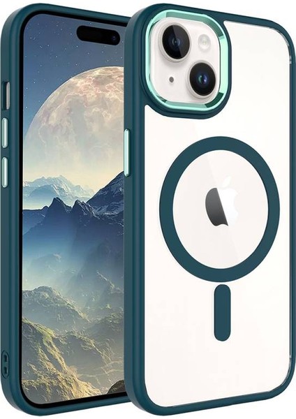 Apple iPhone 15 ile Uyumlu Kılıf Wireless Şarj Özellikli Magsafe Telefon Kılıfı Kapak Koyu Yeşil