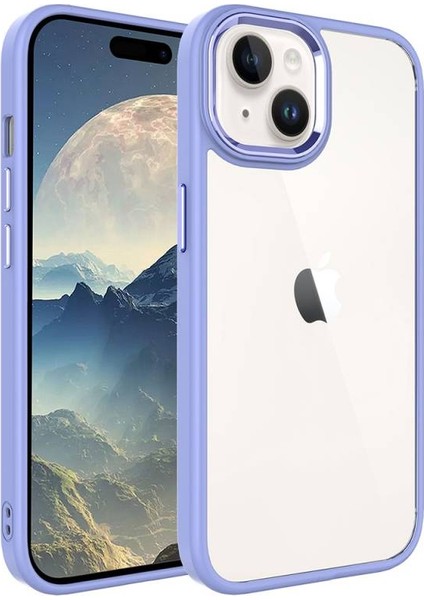 Apple iPhone 15 ile Uyumlu Kılıf Şeffaf Arka Yüzey Renkli Kenar Çerçeve Telefon Kılıfı Kapak Lila