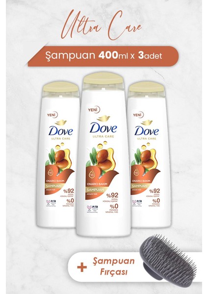 Ultra Care Onarıcı Bakım Argan Yağı Şampuan 400 Ml X 3 Adet Ve Şampuan Fırçası
