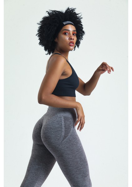 Gri Kalçası Büzgülü Push Up Kalça Şekillendirici Tayt Seamless Fitness Yoga Yüksek Bel Tayt