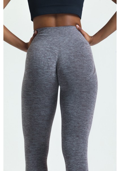 Gri Kalçası Büzgülü Push Up Kalça Şekillendirici Tayt Seamless Fitness Yoga Yüksek Bel Tayt