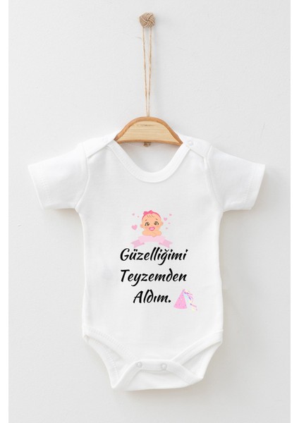 Adabebek Güzelliğimi Teyzemden Aldım Desenli Kısa Kollu Badi Bebek Zıbın