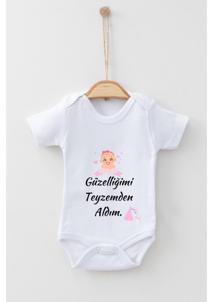 Adabebek Güzelliğimi Teyzemden Aldım Desenli Kısa Kollu Badi Bebek Zıbın