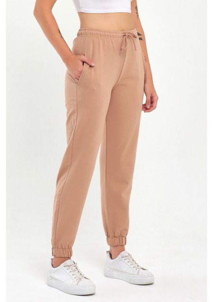 Kadın Sütlü Kahve Paçası Lastikli Basic Jogger Örme Eşofman Altı