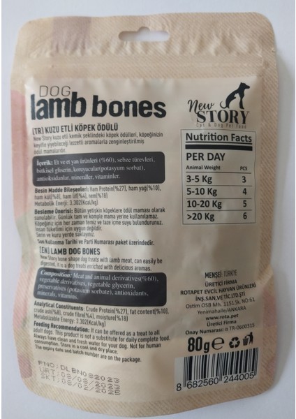 Dog Lamb Bones Kuzu Etli Köpek Ödülü Yumuşak, Atıştırmalık 80 gr