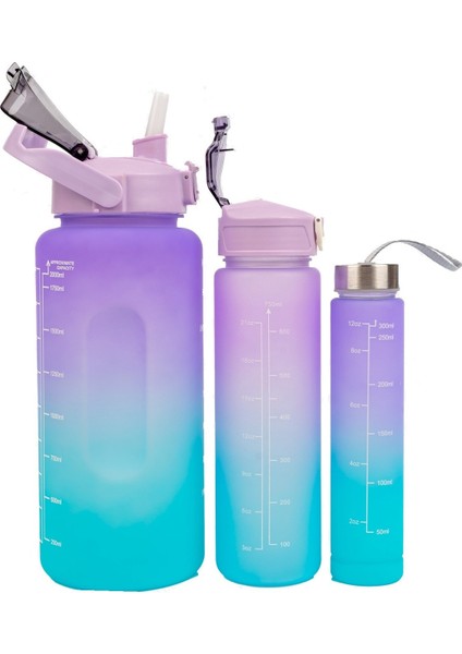 Sepeti Motivasyonel 3lü Set Su Matarası Su Şişesi Suluk 2LT+900ML+600ML Tritan Spor Salonu Su Şişesi Suluk