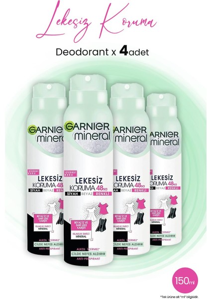 Mineral 48 Saat Lekesiz Koruma Çiçeksi Sprey Deodorant 150 ml x 4 Adet