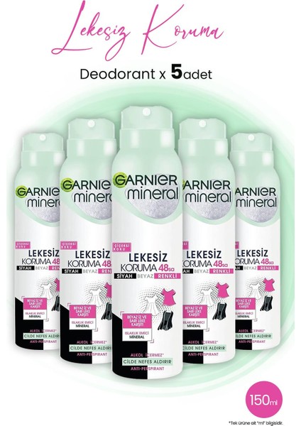 Mineral 48 Saat Lekesiz Koruma Çiçeksi Sprey Deodorant 150 ml x 5 Adet