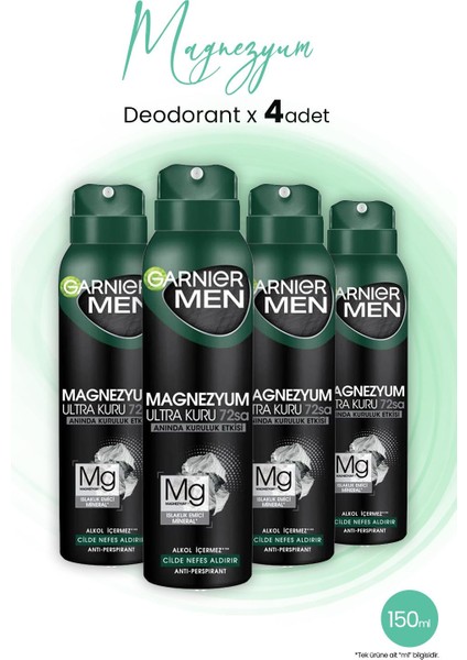 Men Magnezyum Ultra Kuru 72 Saat Sprey Deodorant 150 ml x 4 Adet