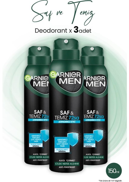 Men 72H Saf ve Temiz Erkek Deodorant 150 ml x 3 Adet