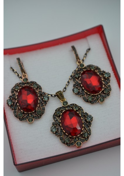Yakut ve Zirkon Taşlı Kolye ve Küpe Set Takım