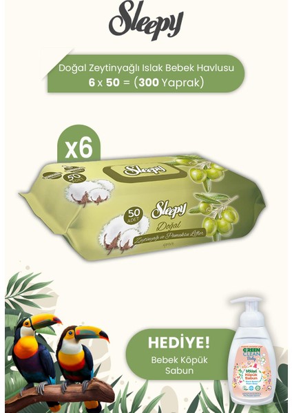 Doğal Zeytinyağlı ve Pamuklu Islak Bebek Havlusu 50 Yaprak x 6 Adet ve Baby Köpük Sabun
