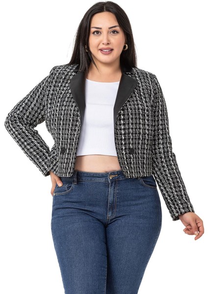 Büyük Beden Kruvaze Yakası Deri Astarlı Kısa Siyah Ceket