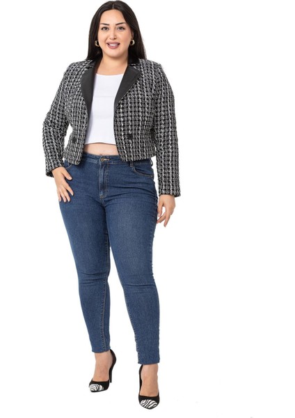 Büyük Beden Kruvaze Yakası Deri Astarlı Kısa Siyah Ceket fiyatları