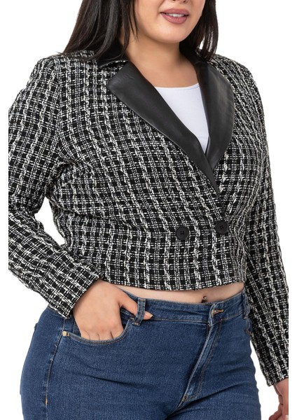 Büyük Beden Kruvaze Yakası Deri Astarlı Kısa Siyah Ceket fırsatları