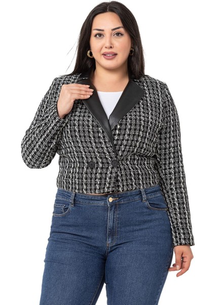 Büyük Beden Kruvaze Yakası Deri Astarlı Kısa Siyah Ceket indirimleri