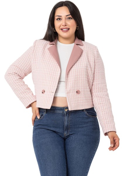 Büyük Beden Kruvaze Yakası Deri Astarlı Kısa Pembe Ceket