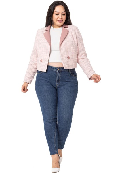 Büyük Beden Kruvaze Yakası Deri Astarlı Kısa Pembe Ceket fiyatları