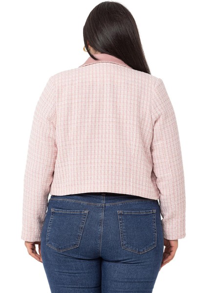 Büyük Beden Kruvaze Yakası Deri Astarlı Kısa Pembe Ceket modelleri
