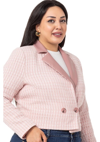 Büyük Beden Kruvaze Yakası Deri Astarlı Kısa Pembe Ceket fırsatları