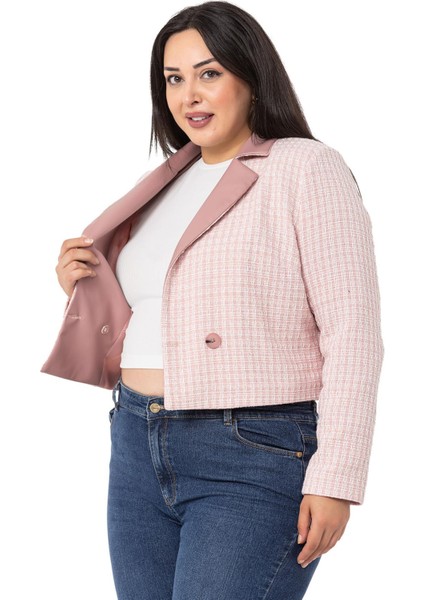 Büyük Beden Kruvaze Yakası Deri Astarlı Kısa Pembe Ceket indirimleri