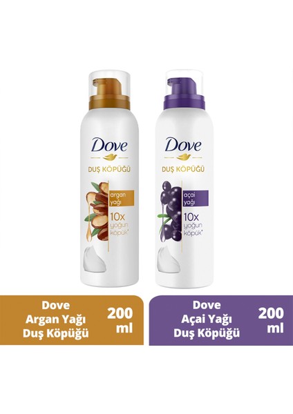 Köpük Duş Jeli Argan Yağı 200 ml x1 + Dove Duş Köpüğü Açai Yağı 200ml x1