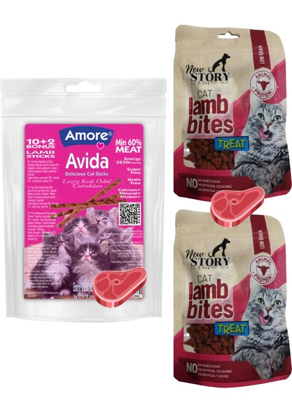 Avida Lamb Kedi Sticks 12'li Kuzu Etli ve New Story Bites Taneli 2 x 60 gr Atıştırmalık Yumuşak Ödül