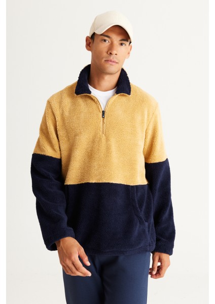 AC&Co / Altınyıldız Classics Erkek Hardal-lacivert Standart Fit Dik Bato Yaka Kanguru Cepli Çift Renkli Sherpa Polar Sweatshirt