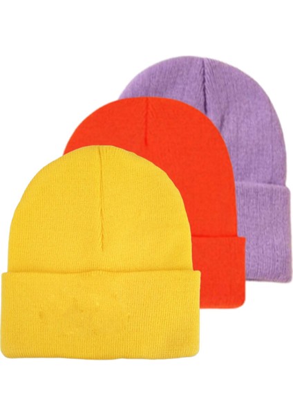 Unisex Kışlık Sarı-Turuncu-Lila Katlamalı Bere 3'lü Set