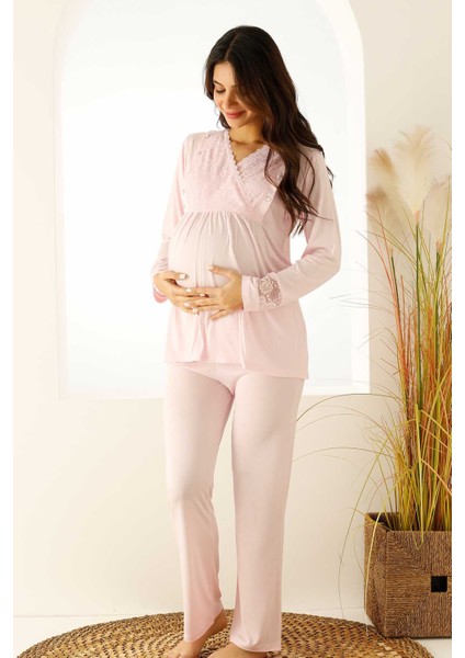 Emzirme Bölmeli Dantelli Hamile Lohusa Pijama Takımı Kutulu