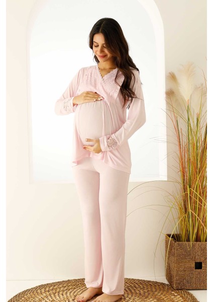 Emzirme Bölmeli Dantelli Hamile Lohusa Pijama Takımı Kutulu modelleri