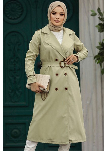 Tokalı Kemerli Açık Haki Tesettür Trençkot 5942AHK