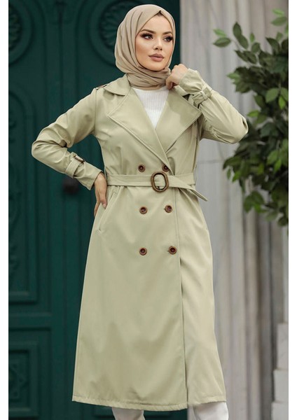 Tokalı Kemerli Açık Haki Tesettür Trençkot 5942AHK fiyatları