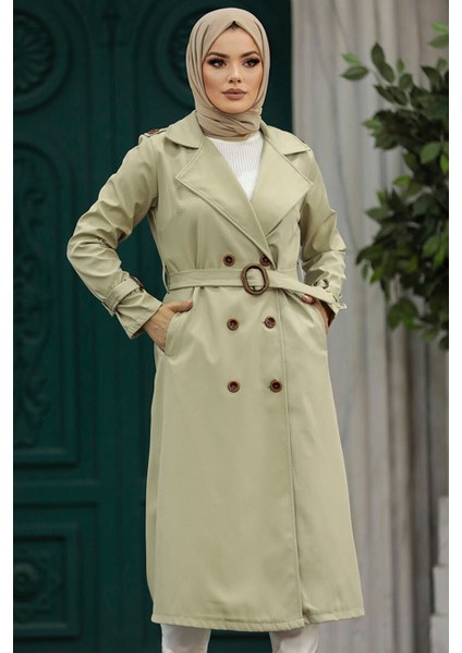 Tokalı Kemerli Açık Haki Tesettür Trençkot 5942AHK indirimleri