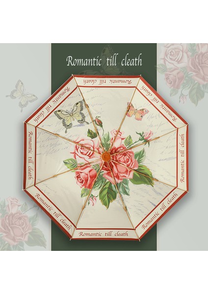 Retro Illüstrasyon Gül Vinil Çift Katmanlı Çift Çiçek Güneş Şemsiyesi Güneş Koruma Uv Şemsiyesi Yağmur Veya Parlaklık Şemsiyesi (Yurt Dışından)